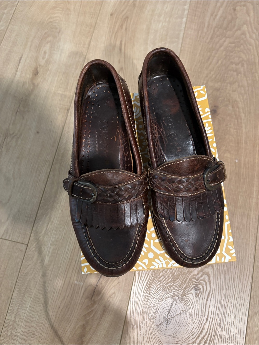 Cole Haan Vintage Brown Leather Kiltie Loafers with Braided Strap - Size 5